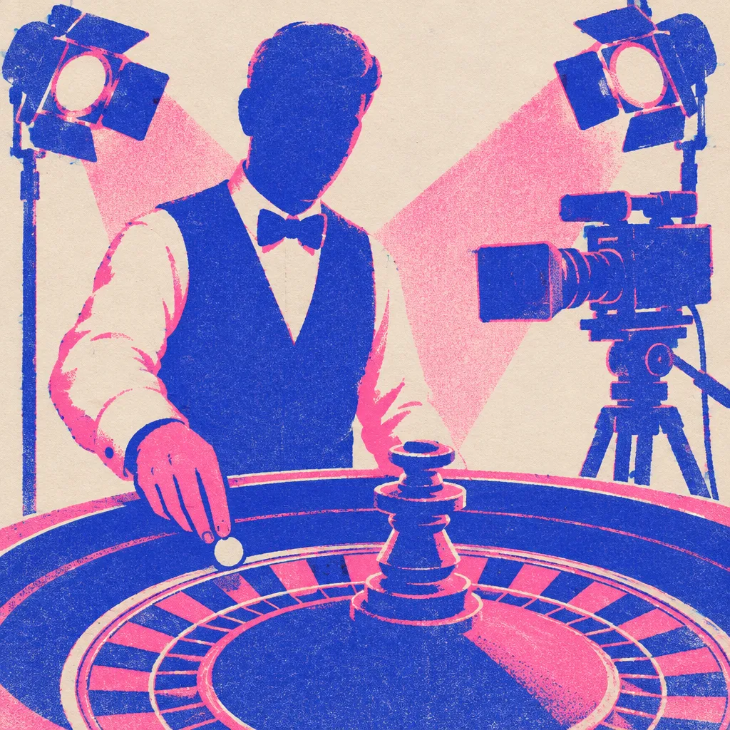 En croupier vid ett rouletthjul framför en studiokamera och strålkastare