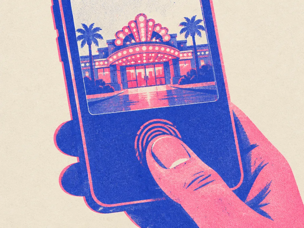 En tumme mot en fingeravtrycksläsare, med ett litet casino synligt genom skärmen