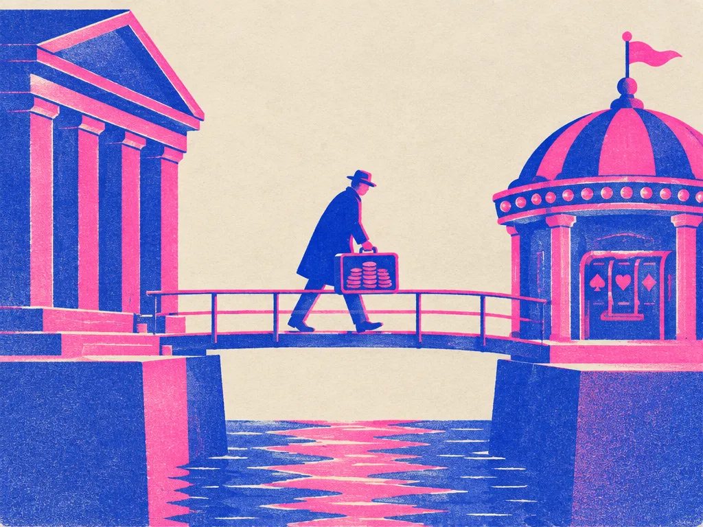 En smal gångbro mellan en bank och en liten spelpaviljong