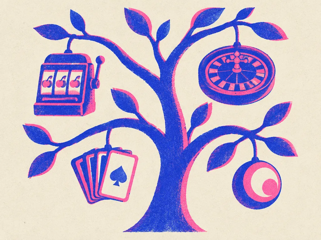 Ett släktträd där en spelautomat, ett rouletthjul, en kortlek och en bingoboll hänger som frukter