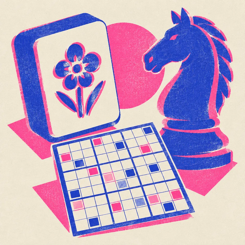 Risografi av en mahjongbricka, en schackspringare och ett sudokurutnät