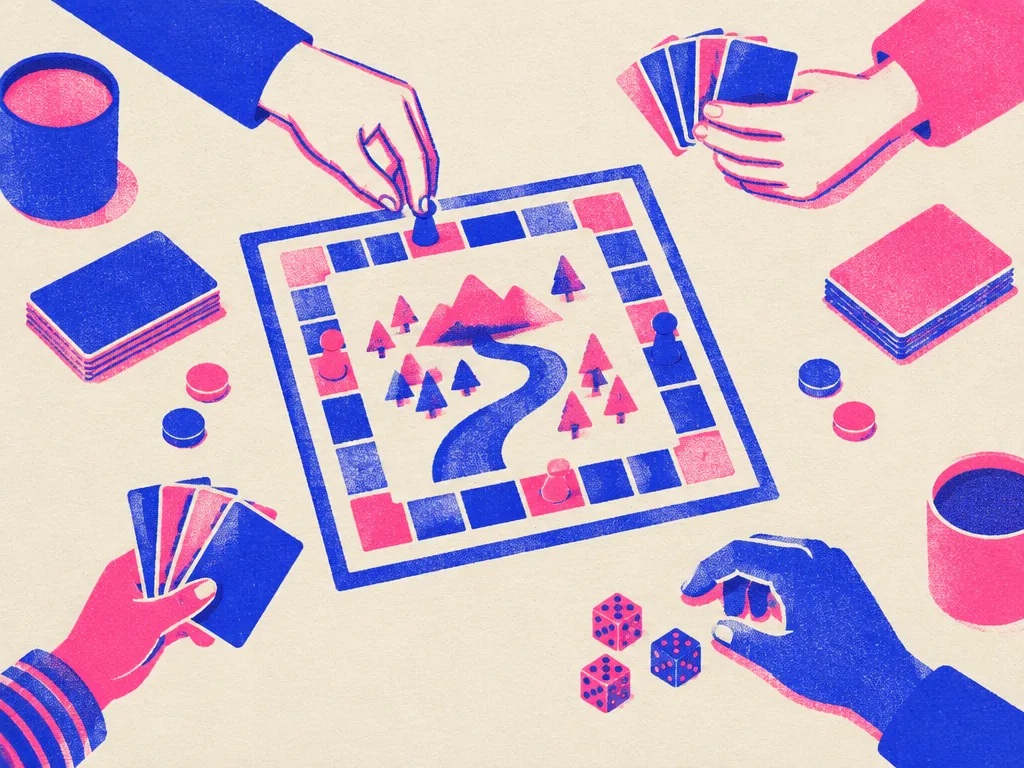Ett familjebord sett ovanifrån med ett brädspel, tärningar och kort i mitten