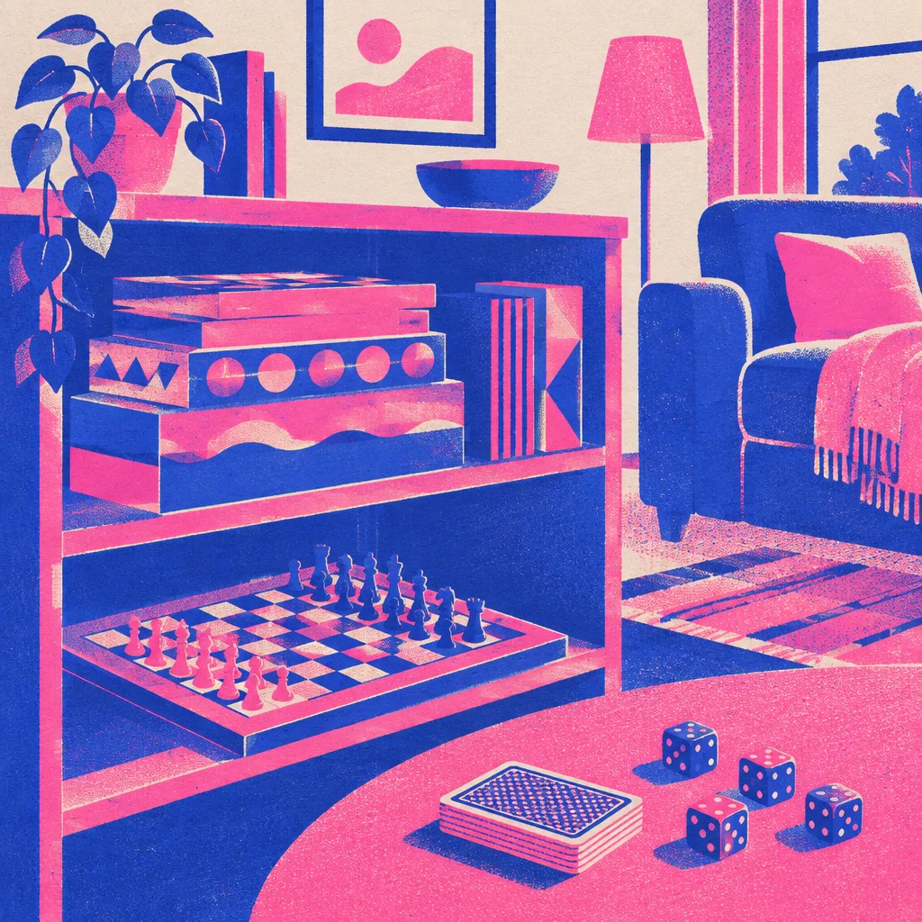 En hylla med gamla spelkartonger, ett schackbräde, tärningar och en kortlek