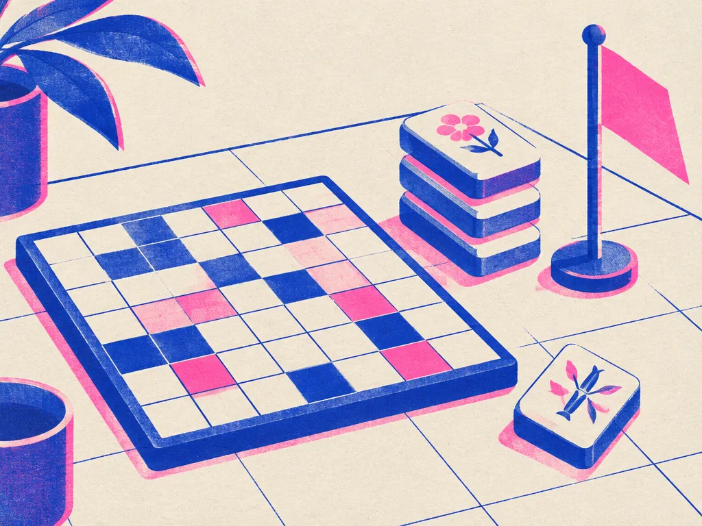 Ett pusselrutnät, en hög mahjongbrickor och en liten flagga på ett skrivbord