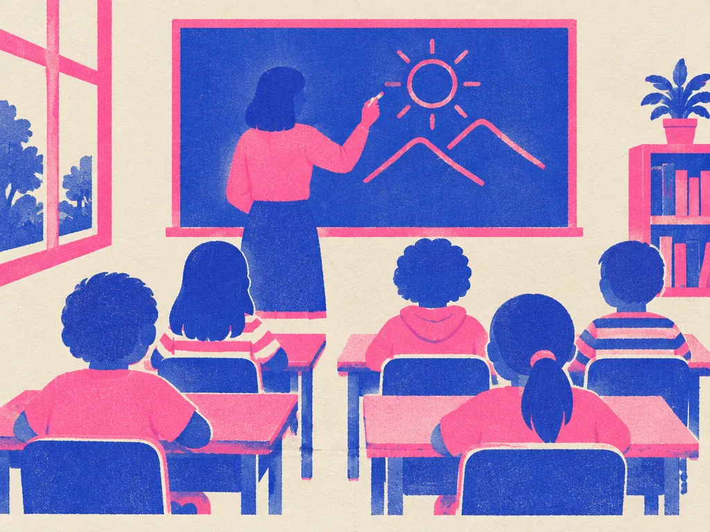 Ett klassrum med elever vid bänkar och en lärare som ritar på tavlan