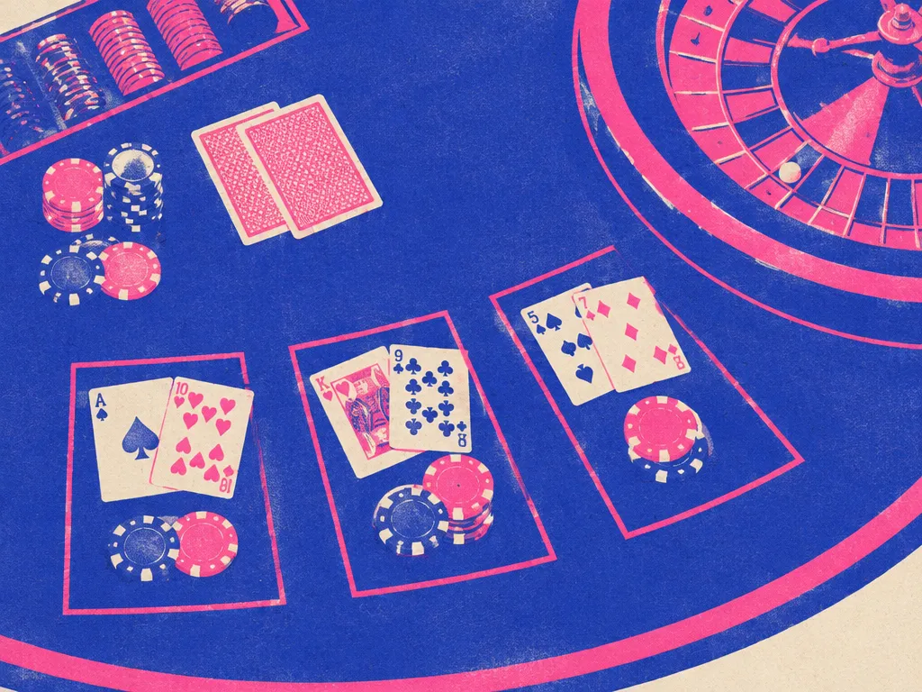Blackjackbord ovanifrån med kort och marker, ett rouletthjul i bildkanten