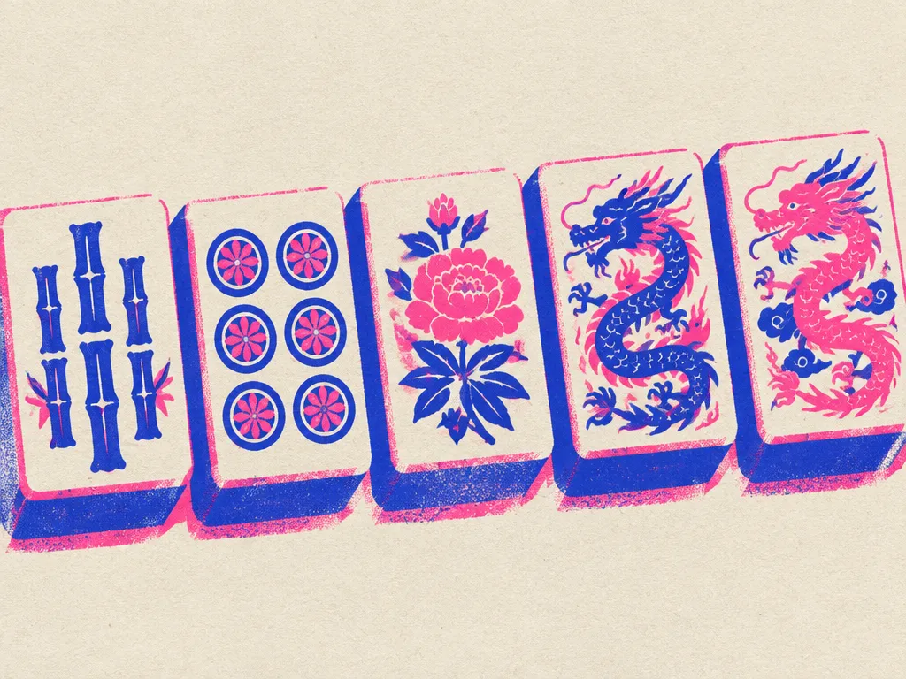 En rad mahjongbrickor med bambu, cirklar, blommor och drakar