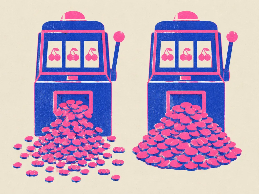 Två spelautomater, den ena spiller många små mynt, den andra har en enda stor hög