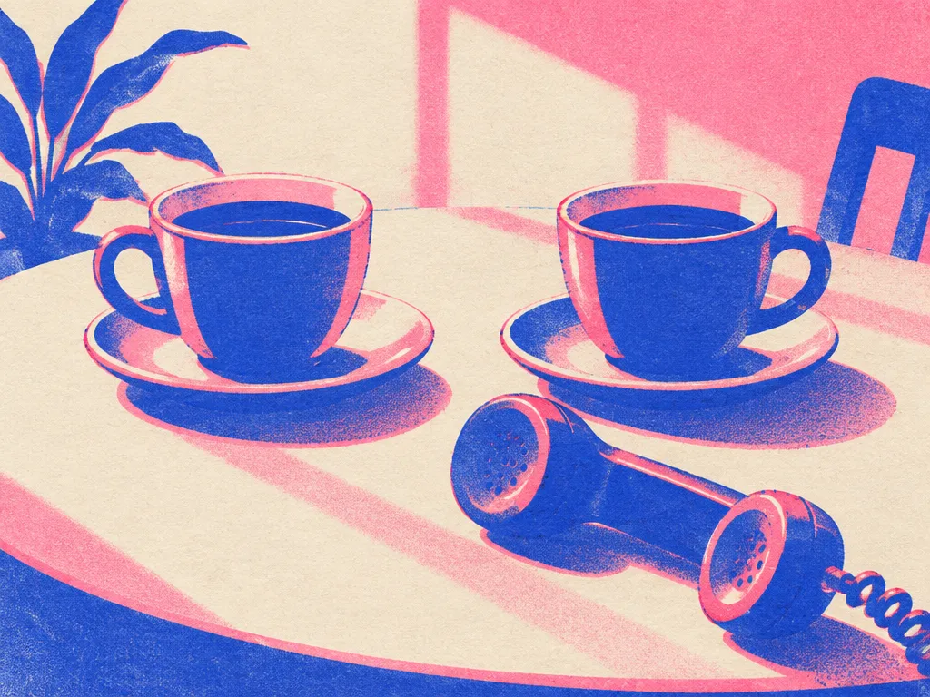 Två kaffekoppar mitt emot varandra på ett bord med en telefonlur bredvid