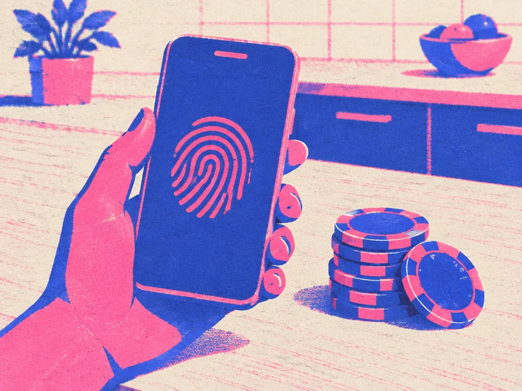 Hand som håller en mobil med fingeravtryckssymbol bredvid casinomarker