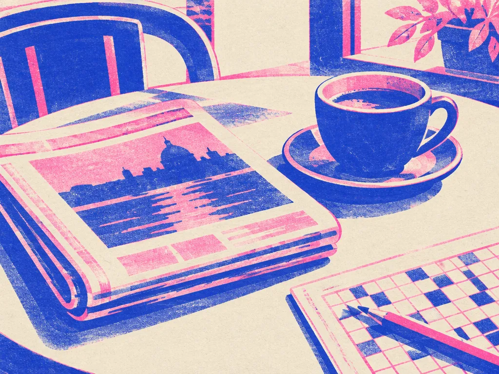 En hopvikt tidning med en pusselsida på ett kafébord bredvid en kaffekopp