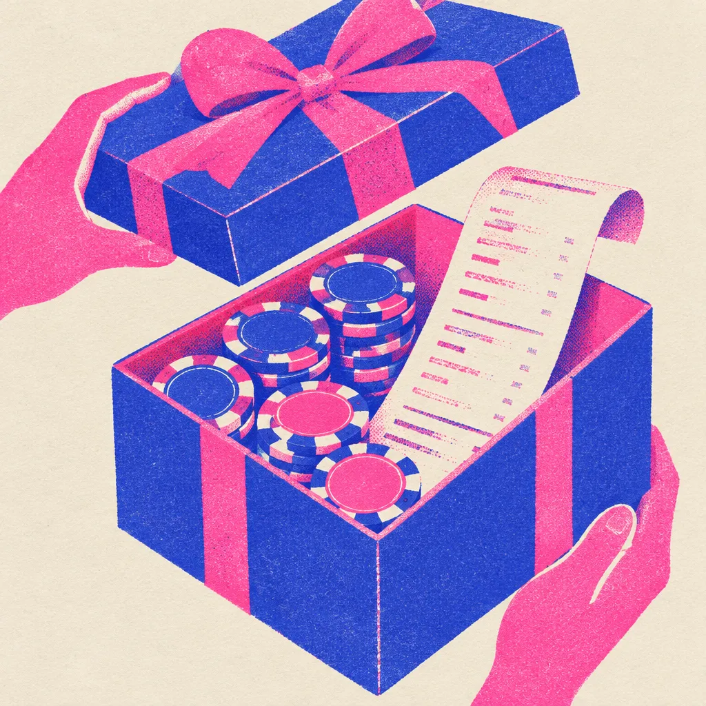 Presentpaket som öppnas och visar casinomarker och ett kvitto