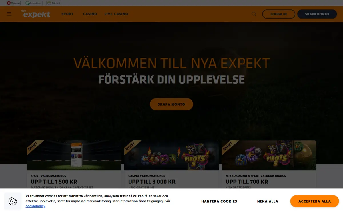 Startsidan hos Expekt