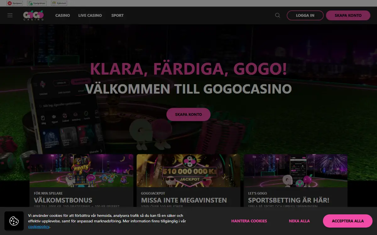 Startsidan hos GoGo Casino