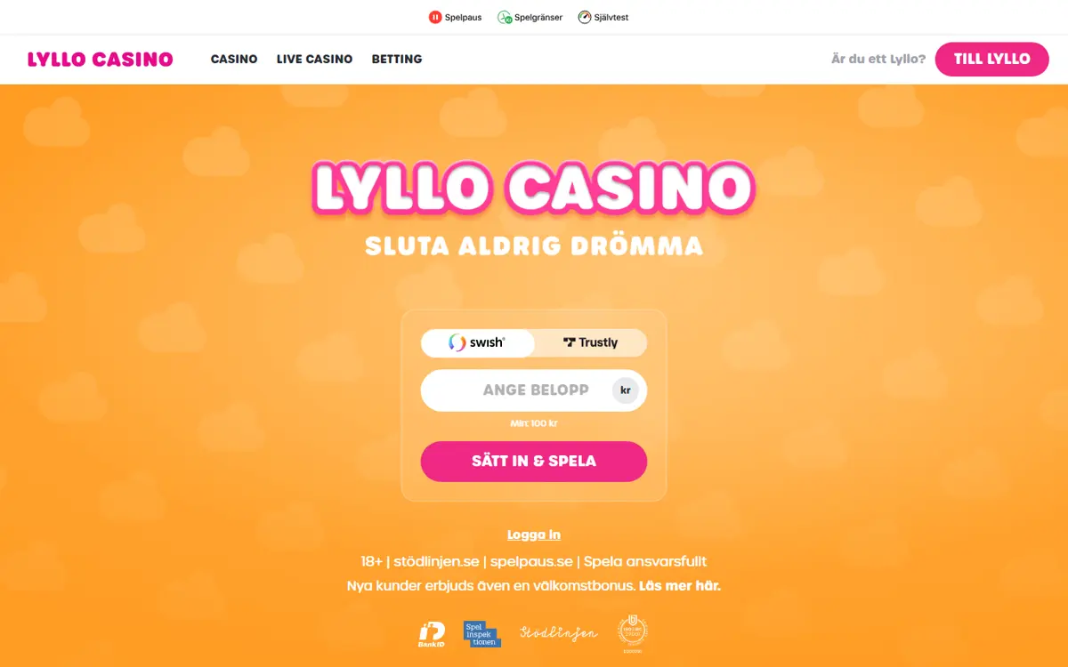 Startsidan hos Lyllo Casino