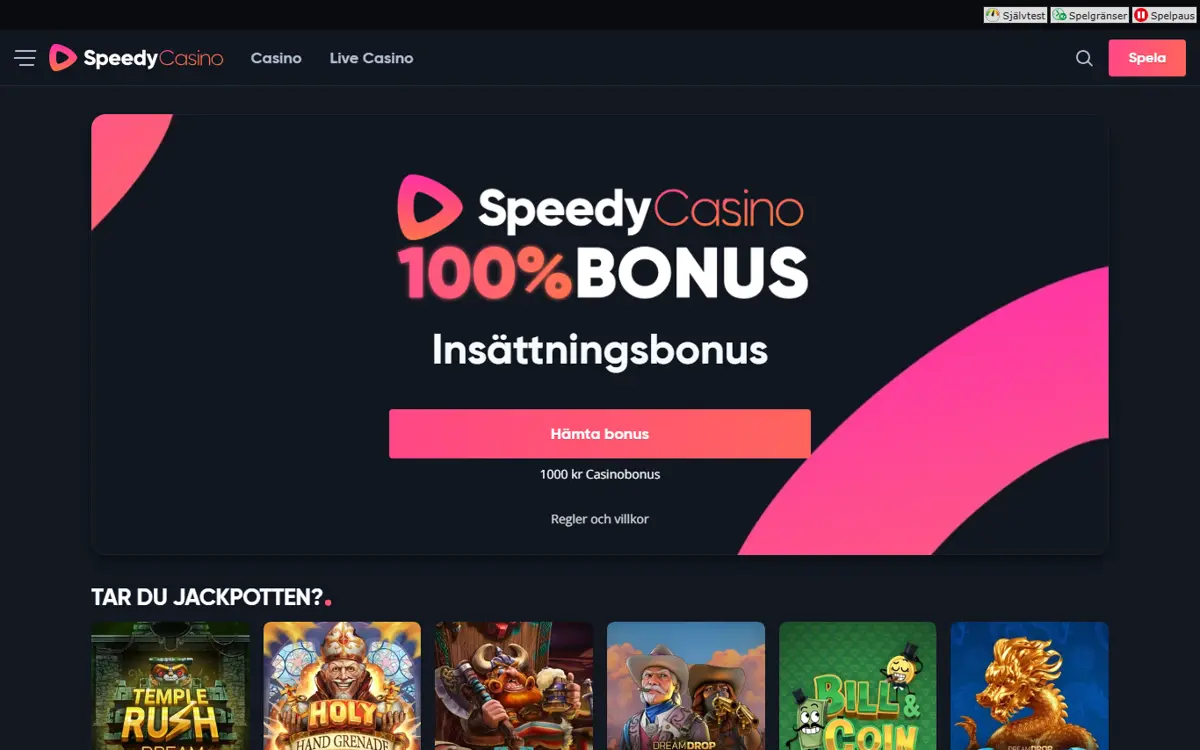 Startsidan hos Speedy Casino